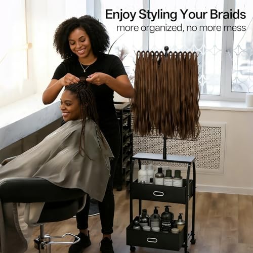 XINTUO Portable Braiding Hair Rack with Wheels & Storage Drawers,280 Pegs Hair Extension Holder Hanger for Braiding Hair Separator Stand Display,Hair Rack with Stylist Hair braiding Tools(Black) - Image 2