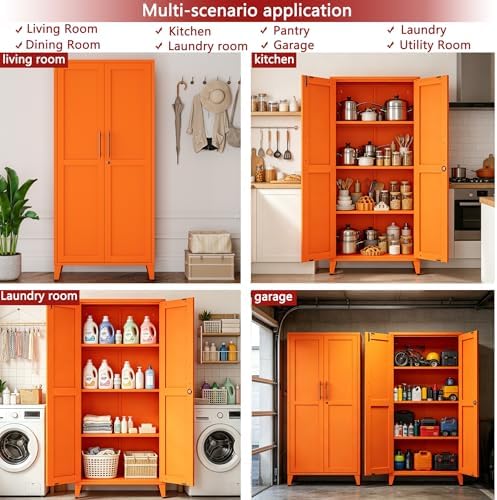 Metal Storage Cabinet with Lock,Orange Steel Tool Cabinet with 3 Adjustable Shelves,61 Tall Freestanding Heavy Duty Garage Locker for Home Office Kitchen 61" H X 27.6" W X 13.8" D - Image 3