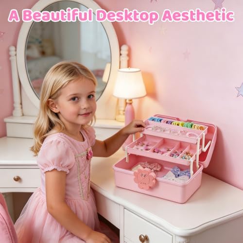 Hair Accessories Organizer 3-Layer Plastic Storage Box with Handle Pink176 - Image 5