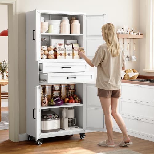 Yizosh 73" White Mobile Metal Kitchen Pantry Storage Cabinet with 2 Drawers - Image 2