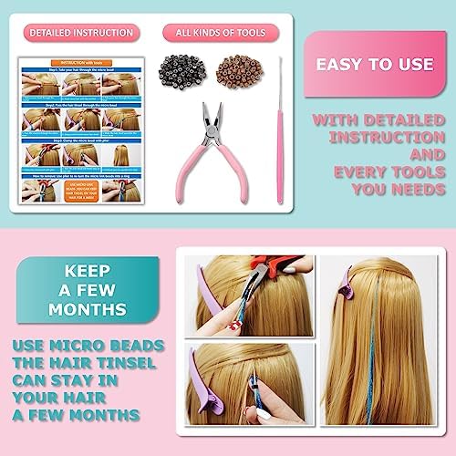 Sapphire Blue Hair Tinsel Kit 48 Inches 1200 Strands with Tools and Instruction Easy to Install Fairy Glitter Tinsel Hair Extensions for Women and Girls，Shinny Sparkling Braiding Hair Accessories - Image 4