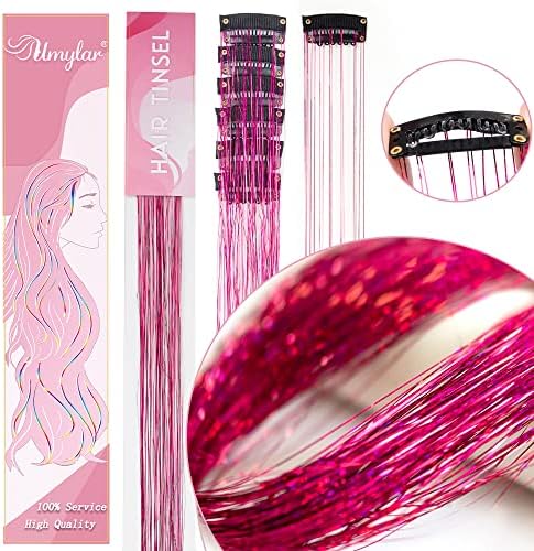 Hair Tinsel Pack of 12 Pcs Clip in Hair Tinsel 20 Inch Glitter Rose Red Tinsel Hair Extensions, Festival Tinsel Fairy Hair Extension Party Dazzle Hair Accessories Strands Kit (12Pcs,Rose Red#) - Image 2