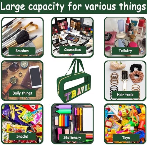 Bunliuys Chenille Letter Clear Makeup Bag Travel Patch, Travel Toiletry Makeup Bag with Handle, Nylon Waterproof Makeup Bags clear cosmetic bag, preppy patch makeup bag for Women (TRAVEL-Dark Green) - Image 5