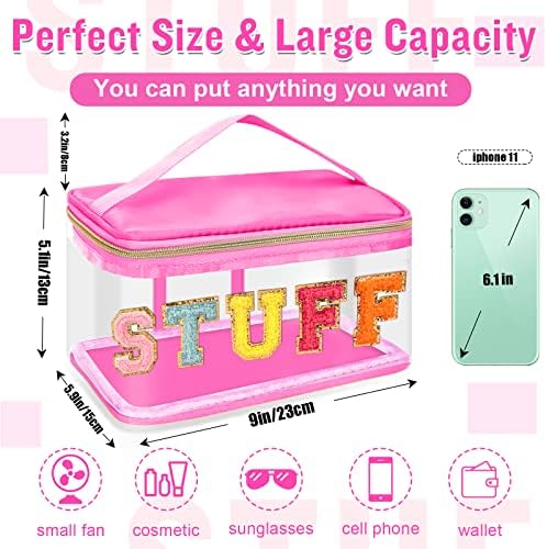 Chenille Letter Clear Makeup Bags Stuff Pouch, Preppy Patch Makeup Bag Zipper with Handle, Transparent PVC & Nylon Waterproof Glitter Cosmetic Handbag Travel Toiletry Storage for Women(STUFF-Rose) - Image 2