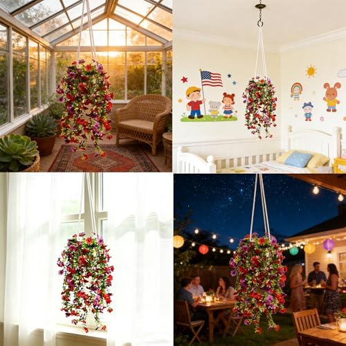 Artificial Flowers for Outdoors Fake Hanging Plants with Pot, 4pcs Silk Colorful Flowers UV Resistant Realistic Hanging Planter Faux Flower for Outside Porch Patio Home Garden Yard Decoration - Image 3