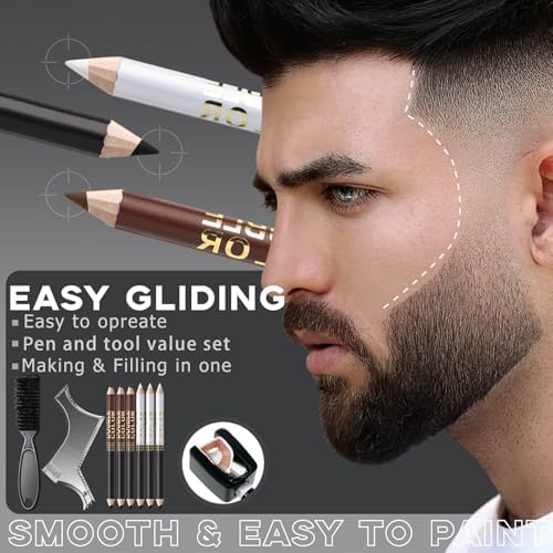 Noerrors Barber Pencil for Lineup Magic Hairline Enhancement Beard Guide Shaping Pencils for Design Razor Trace Black Brown White Barber Chalk Pencils Set with Sharpener Ruler Brush for Men - Image 2