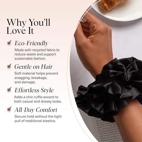 Kitsch Ruffle Satin Scrunchies For Women - Gentle Hair Tie - Black, 1pc - Image 3