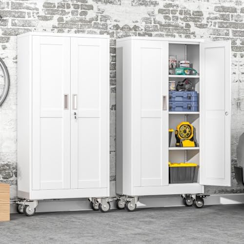 61" Metal Garage Storage Cabinet with Wheels and Locking Doors and Tall Rolling Steel Tool Cabinet with 3 Adjustable Shelves for Garage,Home,Office,Shop (White, 61''H x 28''W x14''D) - Image 2
