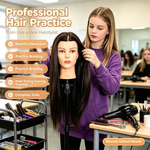 Mannequin Head Human Hair- Cosmetology Manikin Doll Head with 80% Real Hair for Kids Hairdresser Practice Styling Braiding & Free Clamp Holder (Black Brown) - Image 2