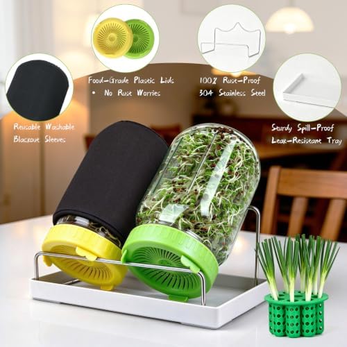 Seed Sprouting Kit & Green Onion Regrower, 2×32 Oz Wide-Mouth Mason Jars, Sprouter Lids, Stainless Steel Stand, Sprout Tray & Light Shield, Ideal for Sprouts, Broccoli, Alfalfa & Microgreens - Image 2