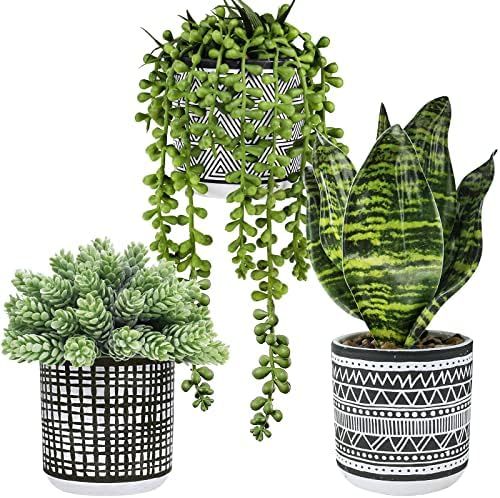 Winlyn 3 Pcs Small Potted Plants Artificial Succulents Hanging Plants and Faux Tropical Snake Plant in Black Geometric Pots for Modern Home Kitchen Windowsill Table Shelf Indoor Outdoor Greenery Decor by Winlyn