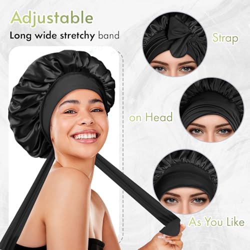 BONNET QUEEN Reversible Silk Satin Sleeping Bonnet Double Layer Adjustable Bonnets Curly Braids Wig Natural Hair Wrap Night Hat Cap Band Shower M Black - Image 4