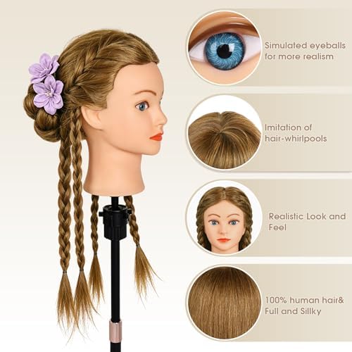 Mannequin Head with 100% Human Hair,22''Real Hair Cosmetology Mannequin Manikin Head Hair Styling Hairdressing Practice Training Doll Head Hairs with Clamp Holder and Tools(Light Brown Blue Eyes) - Image 5