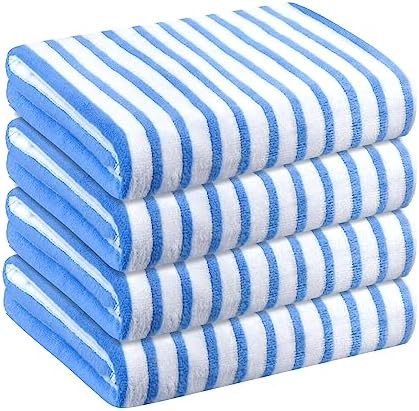 JML Microfiber Bath Towels with Loop, 4 Pack, 27" x 55", Cabana Stripe Blue by JML