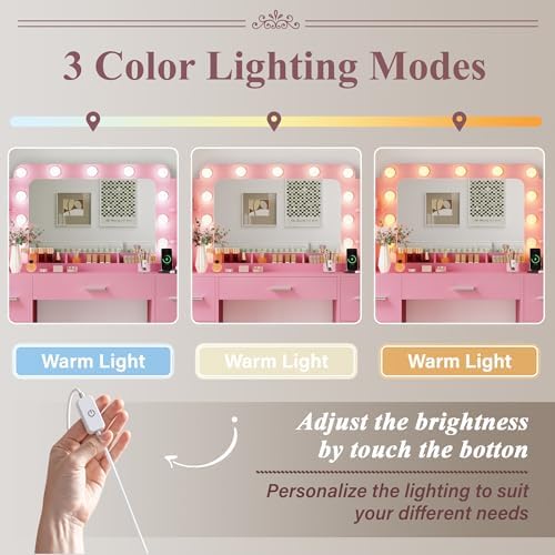 JUMMICO Makeup Vanity Desk with Large Mirror and Lights, Vanity with Power Strip and Hairdryer Holder, 6 Open Shelves and 7 Drawers Modern Dressing Table, for Bedroom (Pink) - Image 4