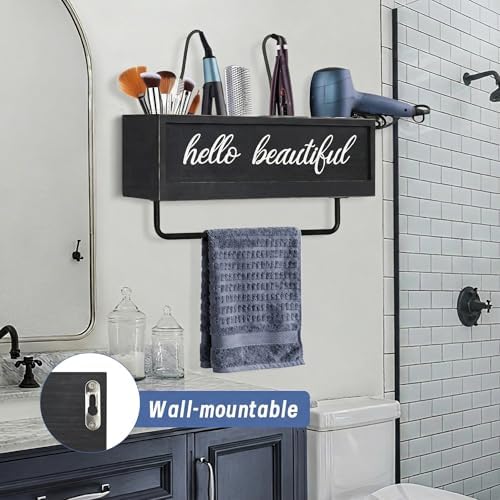 Hair Dryer Holder Wall Mounted, Hair Tools and Styling Organizer with Towel Bar, Farmhouse Beauty Hair Appliance Holder for Flat Iron, Curling Wand, Towel Rack (Black) - Image 4