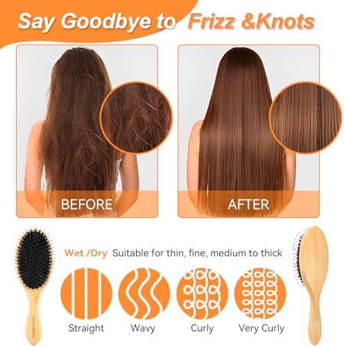 Boar Bristle Hair Brush 2PCS - Smoothes & Detangles All Hair Types, Boar & Nylon Bristle，Smooths Frizz and Prevents Breakage in Fine and Straight, for Women Men and Kids - Image 5