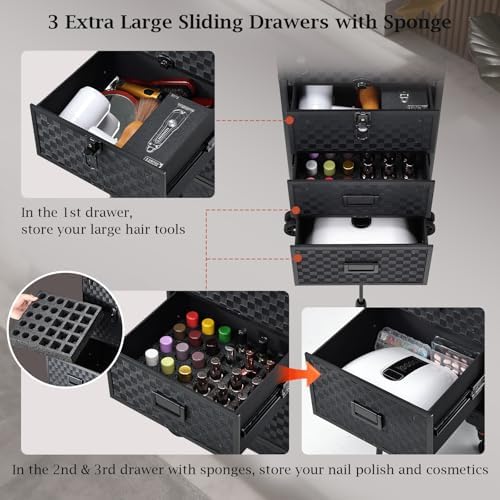 Stagiant Rolling Makeup Case with Drawers Cosmetology Case on Wheels 4 IN 1 Makeup Case 3 Drawers with Foot Stand Spring-release Mechanism Rolling Make Up Organizer for Artist Salon Nail Teach Trunk - Image 5