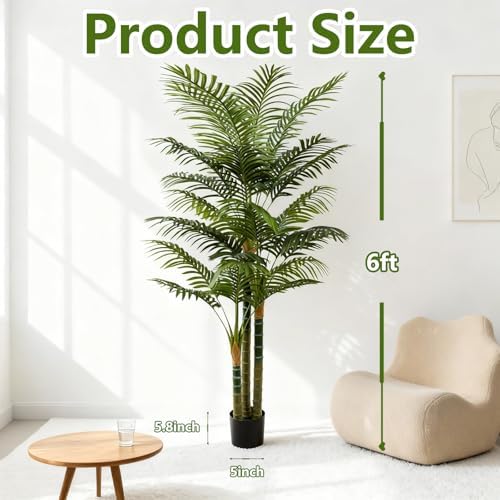 6FT Tall Golden Cane Artificial Palm Tree, Large Faux Palm Tree with 3 Textured Trunks, Outdoor Artificial Plants, Fake Tree for Indoor Office Living Room Outside Patio. - Image 4