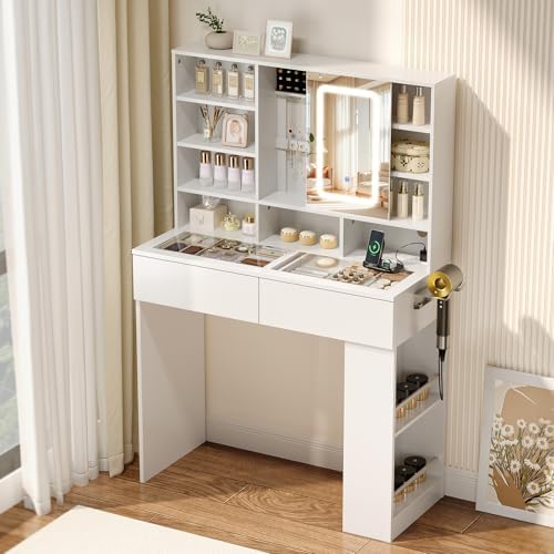 VINGLI Vanity Desk with Sliding Mirror and Lights, Glass Top Makeup Vanity Table w/Shelves & Hidden Jewelry Storage & Power Outlets & Hairdryer Holder,54in White Dressing Table Gifts Girls by VINGLI