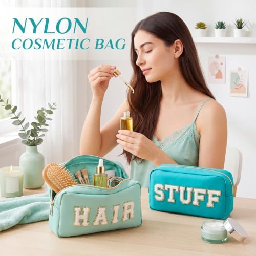 Remerry 4 Pcs Nylon Makeup Bags Waterproof Spacious Travel Cosmetic Bag for Women Chenille Letter Preppy Zipper Pouch Face Stuff Skin Hair Organizer Gift(Blue, Pink, Apricot, Purple) - Image 6