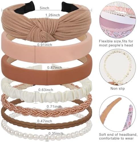 7 Pcs Headbands for Women Girls, Non Slip Cute Pearl Floral Padded Vintage Wide Fashion Multi-style Headbands for Girls - Image 2