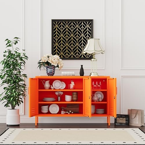 32" Orange 3 Door Lockable Metal Cabinet, Freestanding Multipurpose Heavy Duty Storage Locker with Adjustable Shelves for Home Office Kitchen Living Room Bedroom - Image 2