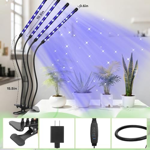 Led Grow Lights, 4 Heads Red Blue Plant Light with Clamp for Indoor Plants & Seed Starting, 10-Level Dimmable, Auto On Off, Timing 3 9 12Hrs - Image 4