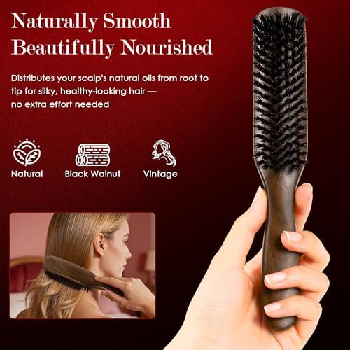 STYLEMATE Retro Black Walnut Boar Bristle Hair Brush for Women Men, Natural Soft Bristle Hair Brush Slick Back Smoothing Hairbrush for Thin & Fine Hair - Image 2