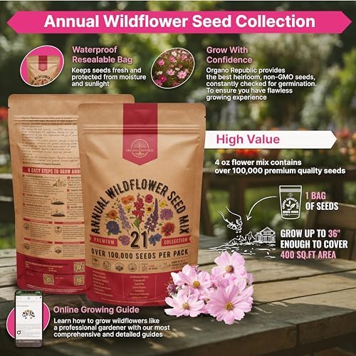 Organo Republic 21 Annual Wildflower Seeds Mix for Indoor & Outdoors. 100,000+ Non-GMO, Heirloom Wildflower Garden Seeds, 4oz Packet for Growing Wild Flowers to Attract Bees, Butterflies & Birds - Image 2