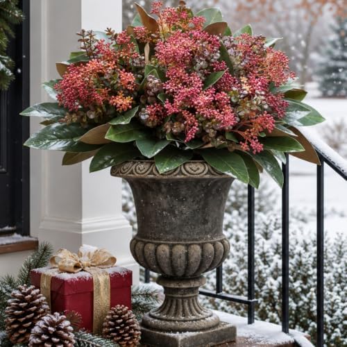 Christmas Artificial Magnolia Leaves Fake Winter Plants for Outdoor Planter - Image 2