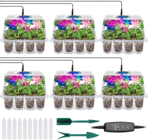 Seed Starter Trays with Grow Lights, 72 Cells Seed Starter Kit with Lights, 4 Timing Set, Germination Kit for Seed Starting Trays, Seedling Starter with High Humidity Control Domes (White, 6PCS) by Adawook