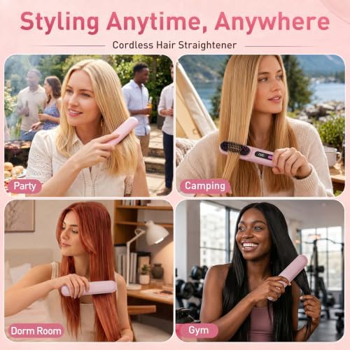 2026 Upgraded Cordless Straightening Brush, Go Brush Pro Hair Straightener Brush, MCH Fast Heating, 3 Temp Settings, 4000mAh Type-C Rechargeable Portable Travel Styling Tool (Cherry Blossom Pink) - Image 6