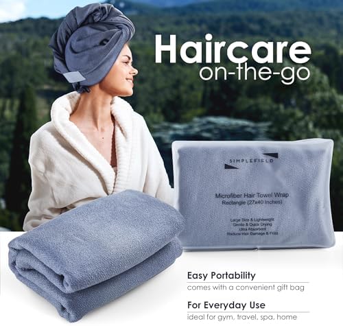 SimpleField Large Microfiber Hair Towel Wrap (27x40 Inches) for Women, Anti-Frizz Flat Rectangle Drying Towel with Full Hair Coverage Design, Elastic Band for Long, Curly and Thick Hair (Grey) - Image 5