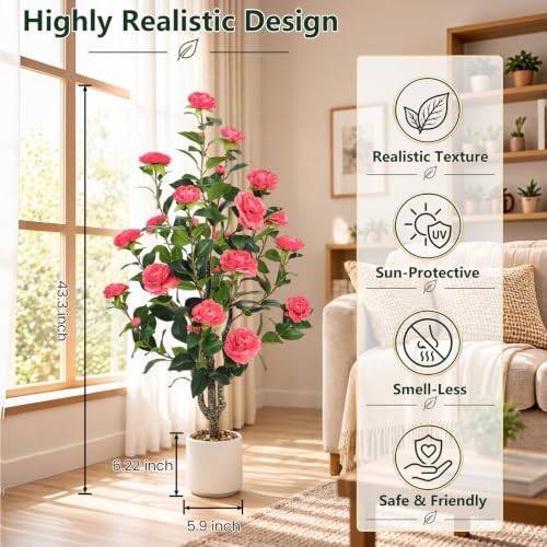 UPBUD Artificial Camellia Tree 2 Pack, 43.3" Tall Fake Camellia Plant - Image 2