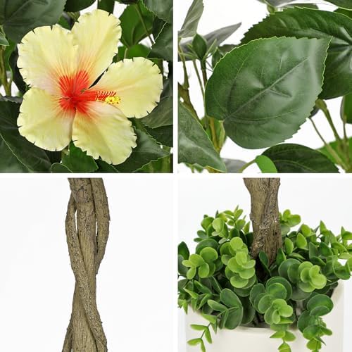 Briful 47" Artificial Hibiscus Tree with 3 Colors Flowers, Fake Tropical Plant in Pot, Tall Faux Flower Tree for Indoor Outdoor Decor, Realistic Silk Hibiscus & Braided Trunk, Potted Home Office Patio - Image 4