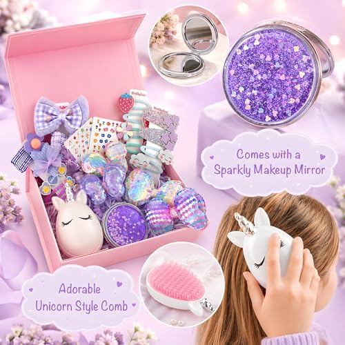 Hair Accessories for Girls Gift Set - Girl Hair Accessories Kit for Kids Ages 4-8, Purple Hair Clips, Barrettes, Ponytail Ties, Bows, Mirror & Unicorn Comb, Toddler Hair Set - Image 6