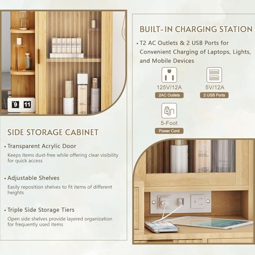 49" Wood Vanity Desk with Mirror and Lights, Boho Fluted Makeup Vanity Table with Modern Glass Top, Charging Station, 5 Drawers, 2 Cabinet with Adjustable Shelves, Salon Station, Natural Oak - Image 6