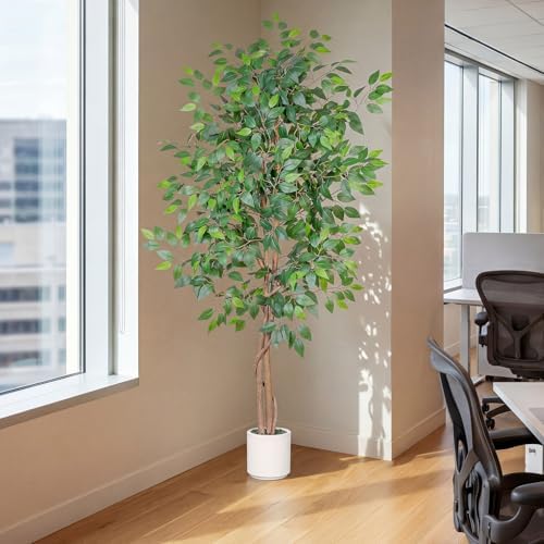 Artificial Ficus Tree 6FT Tall, Faux Ficus Tree Indoor Outdoor, Fake Silk Ficus Plant with Planter, Lifelike Leaves Large Potted Floor Tree for Home Office Living Room Porch Decor - Image 3