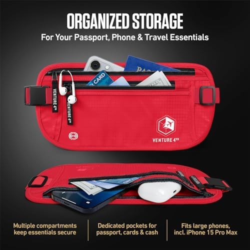 VENTURE 4TH Travel Money Belt, RFID Blocking Passport Holder - Red - Image 5