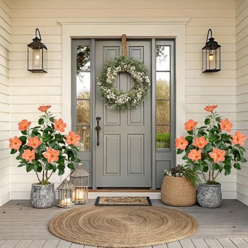 Briful Artificial Hibiscus Tree 2.95ft Tall Real Touch Fake Tree with Orange Flowers Potted Faux Plant Indoor Realistic Floor Plants for Front Porch Outdoor Home, Patio Decor - Image 4