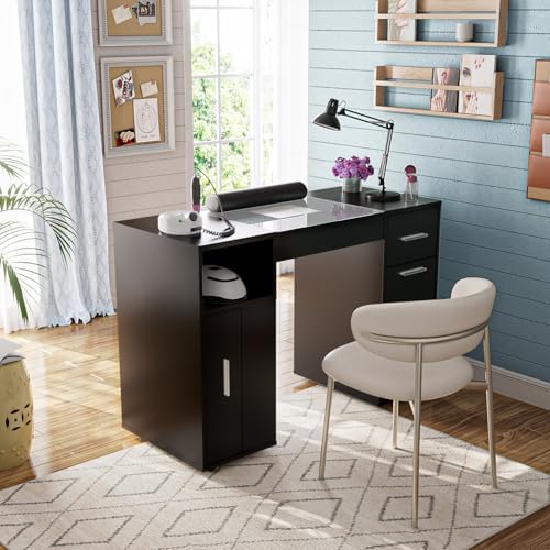 Manicure Table with Dust Collector, Glass Top and Wheels (Black) - Image 2
