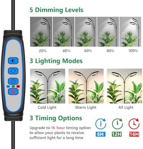 2 Head Grow Light Full Spectrum, Black, with 68" Adjustable Stand - Image 2