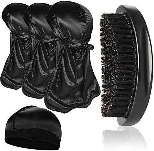 3pcs Silky Durag with Wave Brush for Men 360, Medium/Hard Hair Brush Kits,D by Heniho