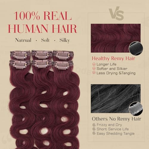 Rich Choices Short Clip In Hair Extension Real Human Hair-Wave/Curled 6 Pcs Single Clip Hairs Extension for Women-100% Remy Hairs Mini Clip ins Hairpieces for Thin Hairs-12 Inches #99J Burgundy Red - Image 4