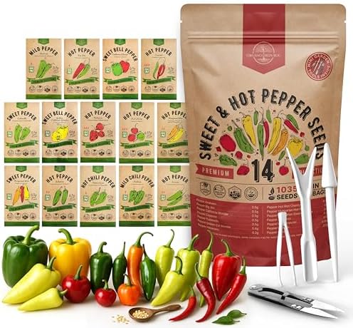 Organo Republic 14 Sweet & Hot Peppers Seeds Variety Pack - 1,030+ Non-GMO Heirloom Pepper Seeds for Outdoor and Indoor Home Gardening, Including Pepper Cayenne, Habanero, Jalapeno, Poblano, Serrano by OrganoRepublic