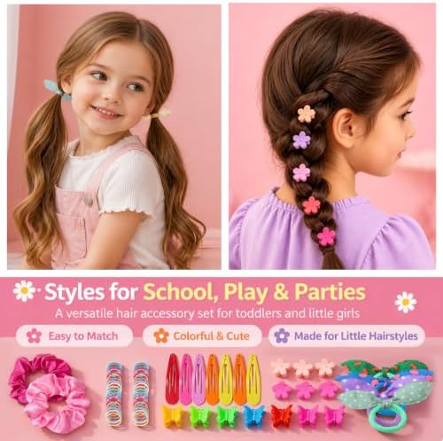 Rosvia Hair Accessories Set for Girls,Toddler Colorful Elastic Hair Ties with Gift Box 505PCS, Cute Rabbit Ear Hair Ties, Mini Flower Claw Clips and Butterfly Hair Clips,Satin Silk Scrunchies - Image 5