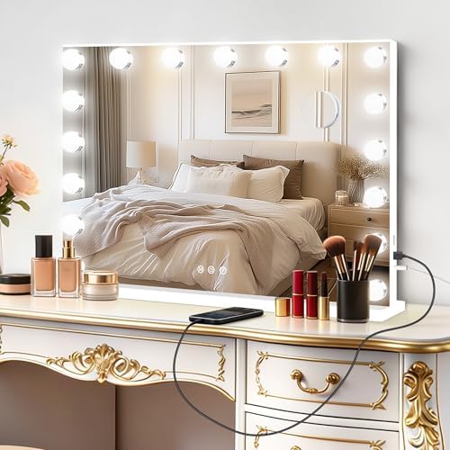 Moonee Vanity Mirror with Lights, Hollywood Lighted Makeup Mirror with 17 Dimmable Bulbs and 10X Magnification, 3 Colors Modes, Aluminum Metal Frame, Light Up Mirror for Tabletop/Wall（28" x 20"） by Moonee