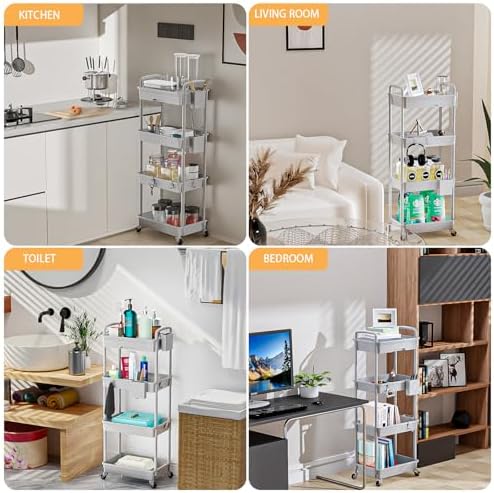 4 Tier Rolling Utility Cart with Drawer,REBECAT Utility Cart Made of Multifunctional Storage Organizer Tool for Kitchen,Bathroom,Living Room,Office(Gray) - Image 6