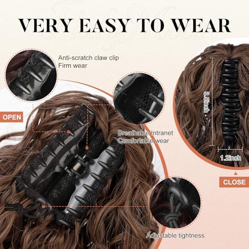 Flufymooz Ponytail Extension, 12" Short Claw Ponytail Extension Wavy Curly Jaw Clip in Pony tails Hair Extension Natural Synthetic Hairpiece for Women (Medium Auburn Brown) - Image 4